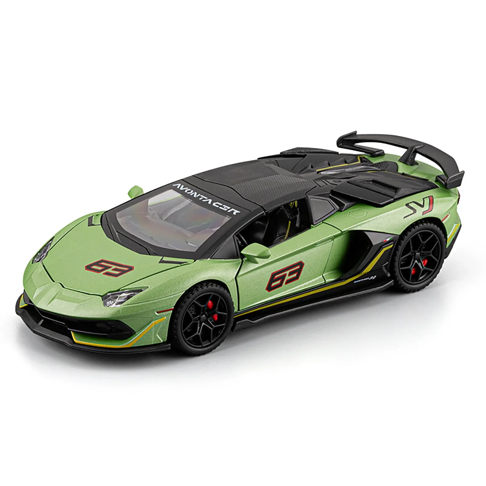 1:32 SVJ63 modelo de coche deportivo juguetes aleación Diecast supercoche en miniatura sonido luz puertas abiertas tirar hacia atrás para regalos de niños