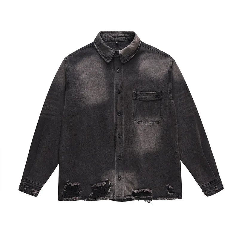 Men's High Street Ripped Jeans Jacket Fashion Streetwear Washed Vintage Loose Fit Y2K Distressed Denim Trucker Coat Outerwear