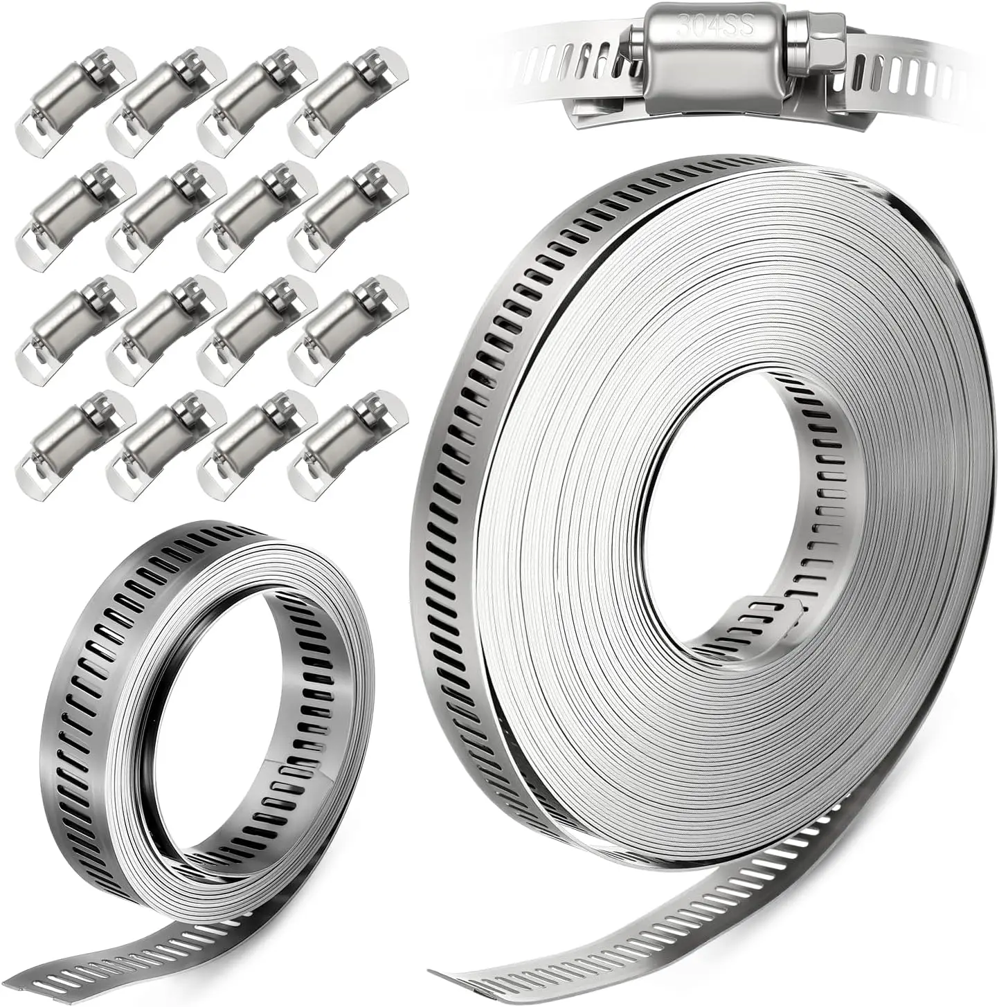 Hose Clamps Stainless Steel, 32.81FT Metal Bolt with 20 Fasteners Screw Large Worm Gear Duct Pipe Hose Clamp Assortment Kit