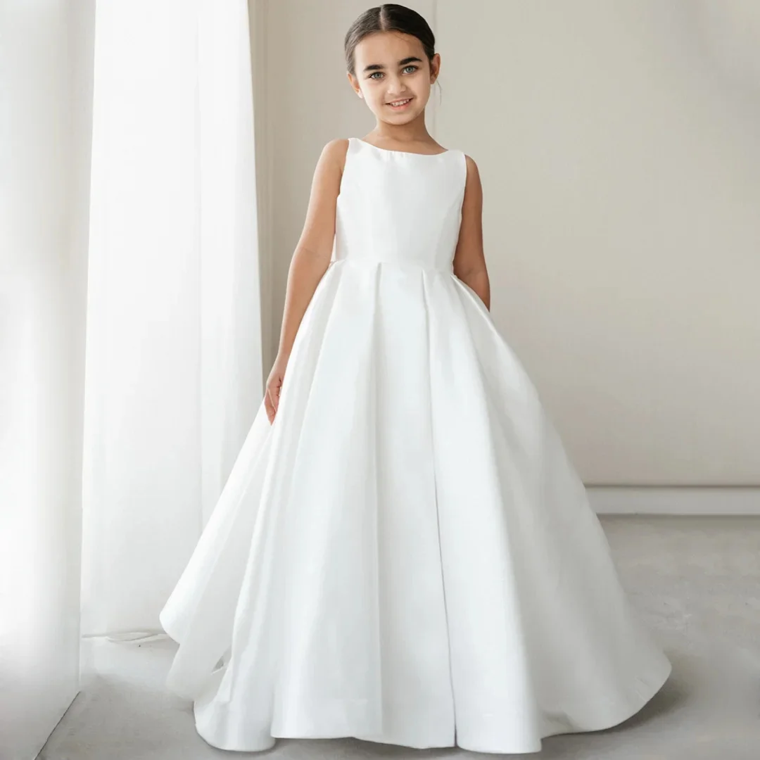 Customized White Flower Girl Dress Satin With Bow Sleeveless For Wedding Birthday Party Event Pageant Holy Communion Gown
