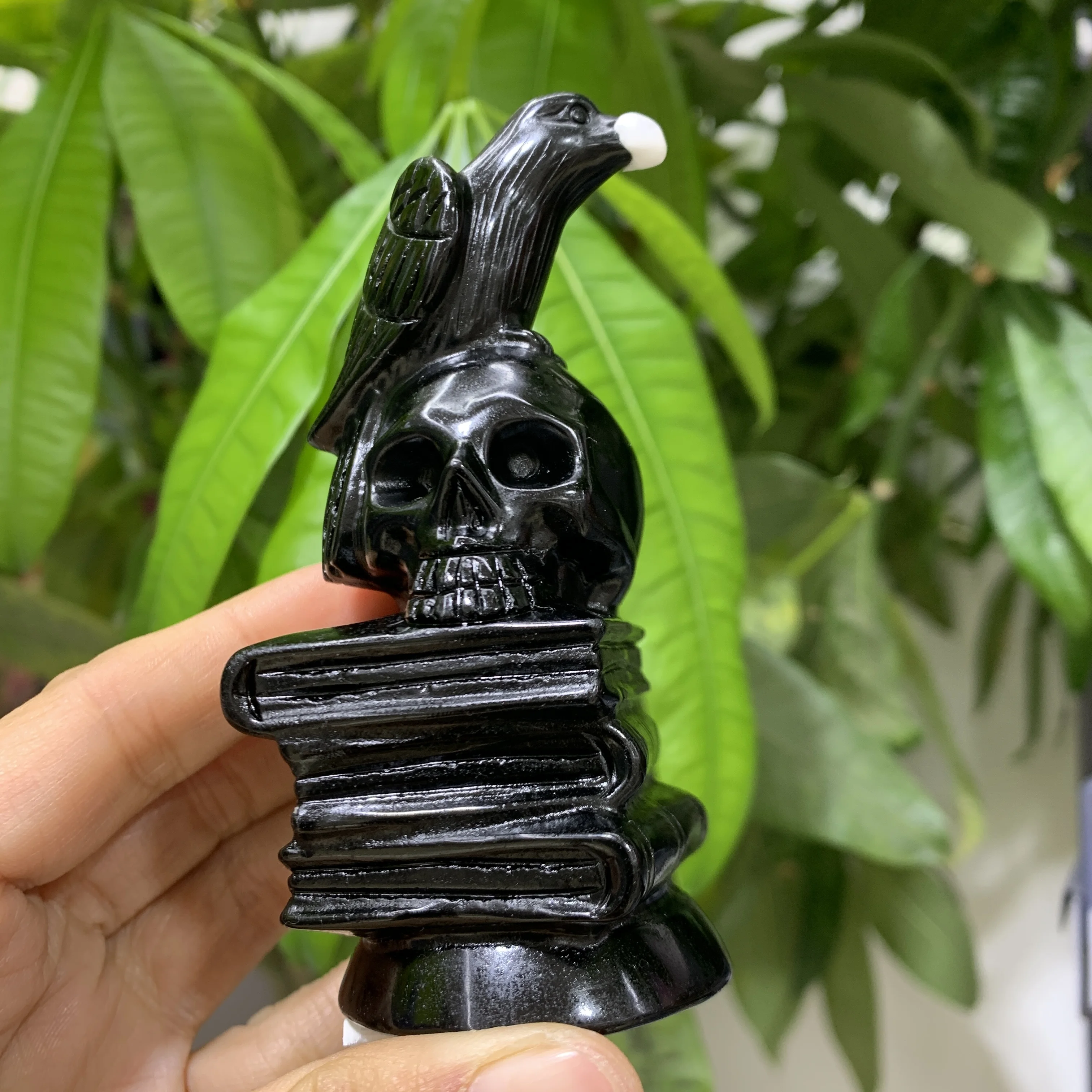 Collectible Figurine Statue crow Natural Black Obsidian Carved Raven On Skull and Book Statue sculpture