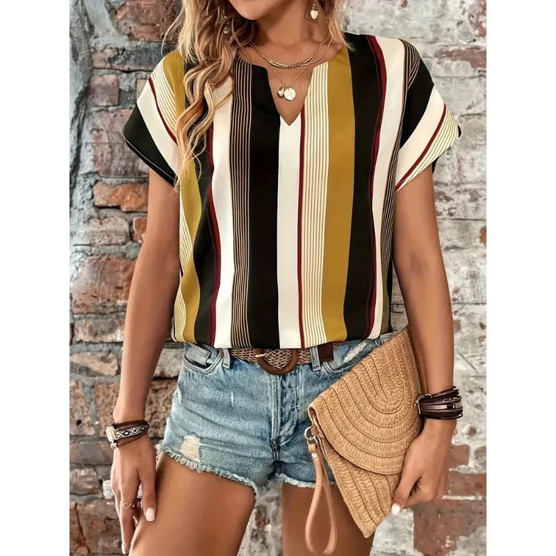 Plus Size 1XL-8XL Casual T-shirt Women\'s Plus Stripe Print Short Sleeve Notched Neck Top