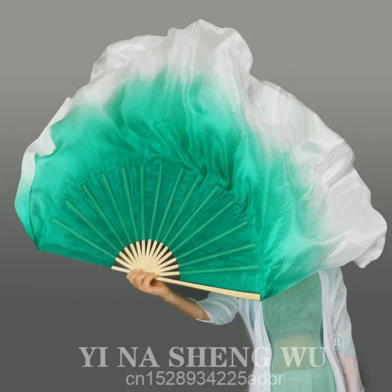 1 par de dos capas de velo doble 100% abanico plegable de bambú de seda Real accesorios de espectáculo de danza del vientre medio círculo de seda verde menta