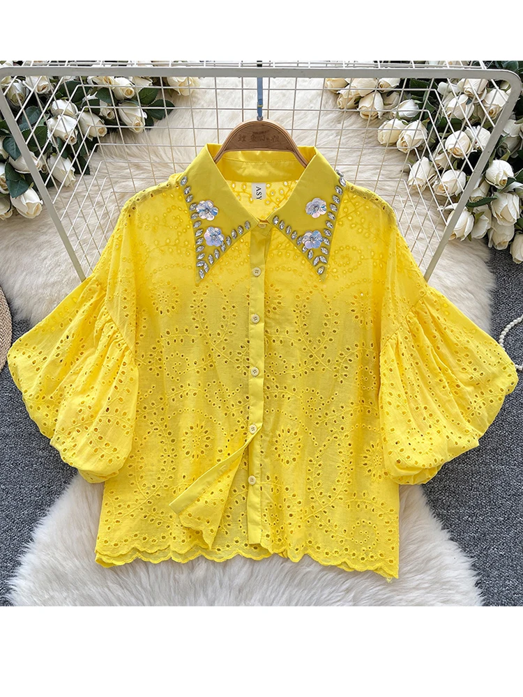 

Summer French Nail Bead Lapel Embroidered Loose Shirt for Women New with Hollowed Out Fashion Lantern Sleeves Versatile Top C490