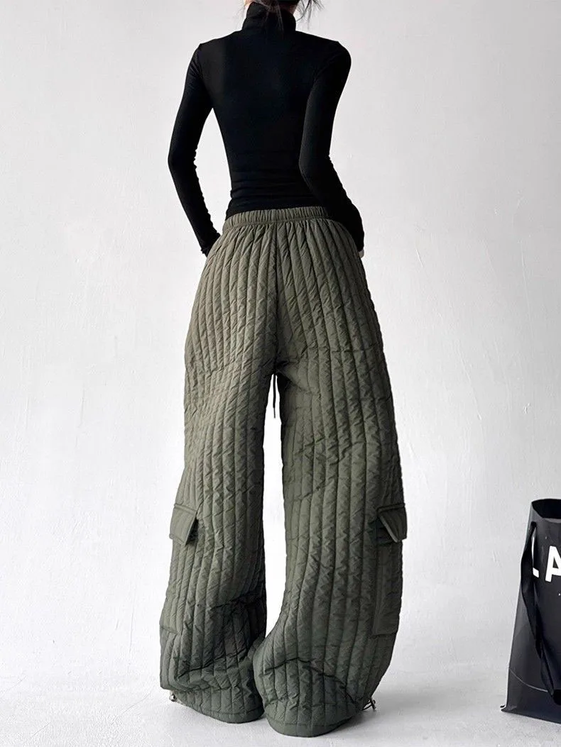 2026 Autumn Winter Cotton Padded Pants American Casual Fashion Workwear Style Loose Multi Pocket Women's Quilted Thick Trousers