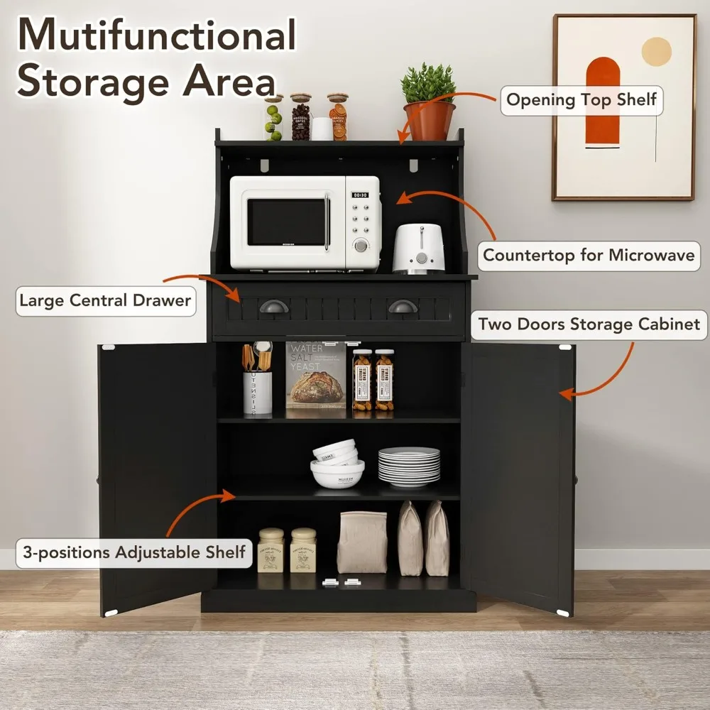 54 Freestanding Kitchen Pantry Storage Cabinet with Doors and Adjustable Shelves, Microwave Oven Cabinet with Drawer for Kitchen