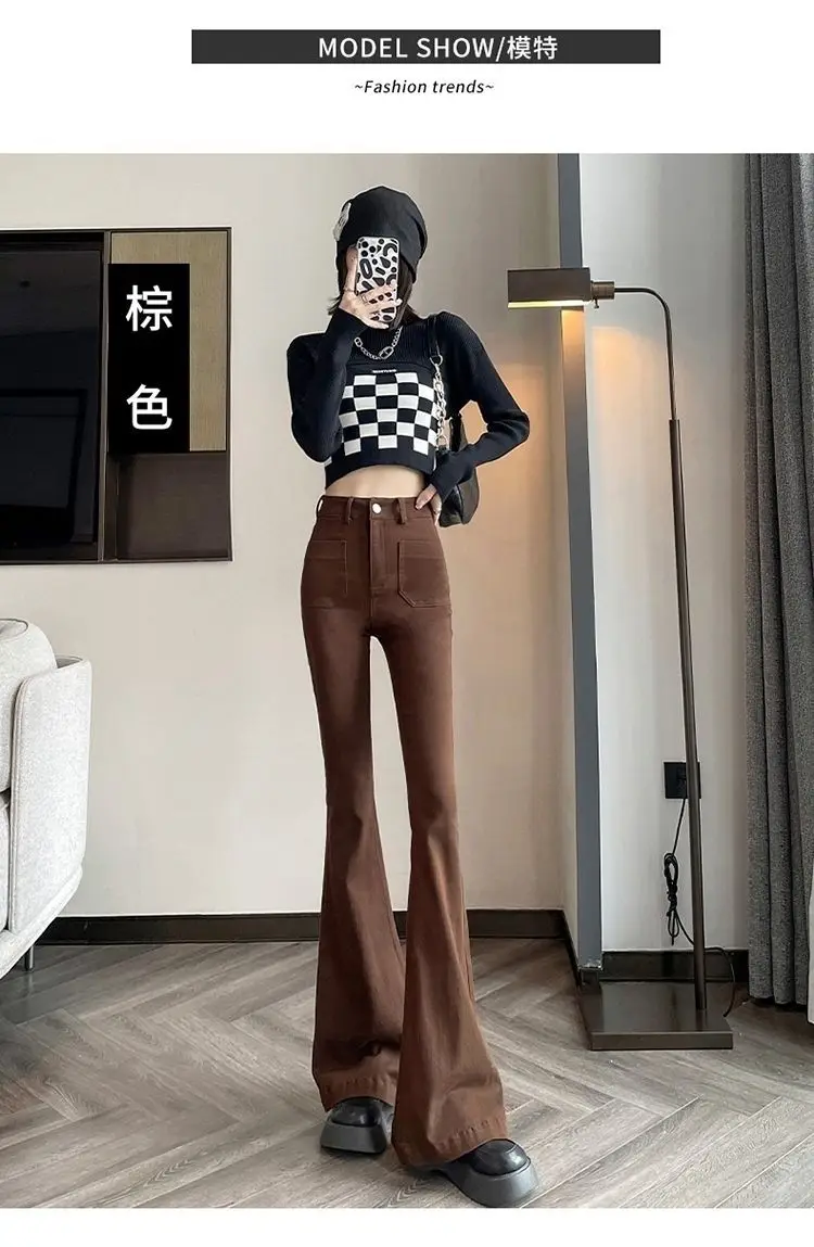 New High Waisted Slim Flared Pants with Elastic Leggings and Black Floor Length Casual Pants