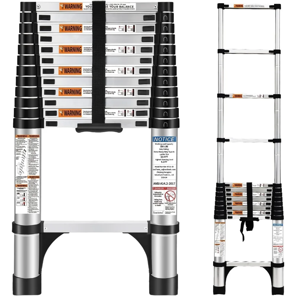 

Telescoping Ladder, 12.5 FT Aluminum Extension Ladder with stabilizing bar, Heavy Duty 330lbs Max Capacity