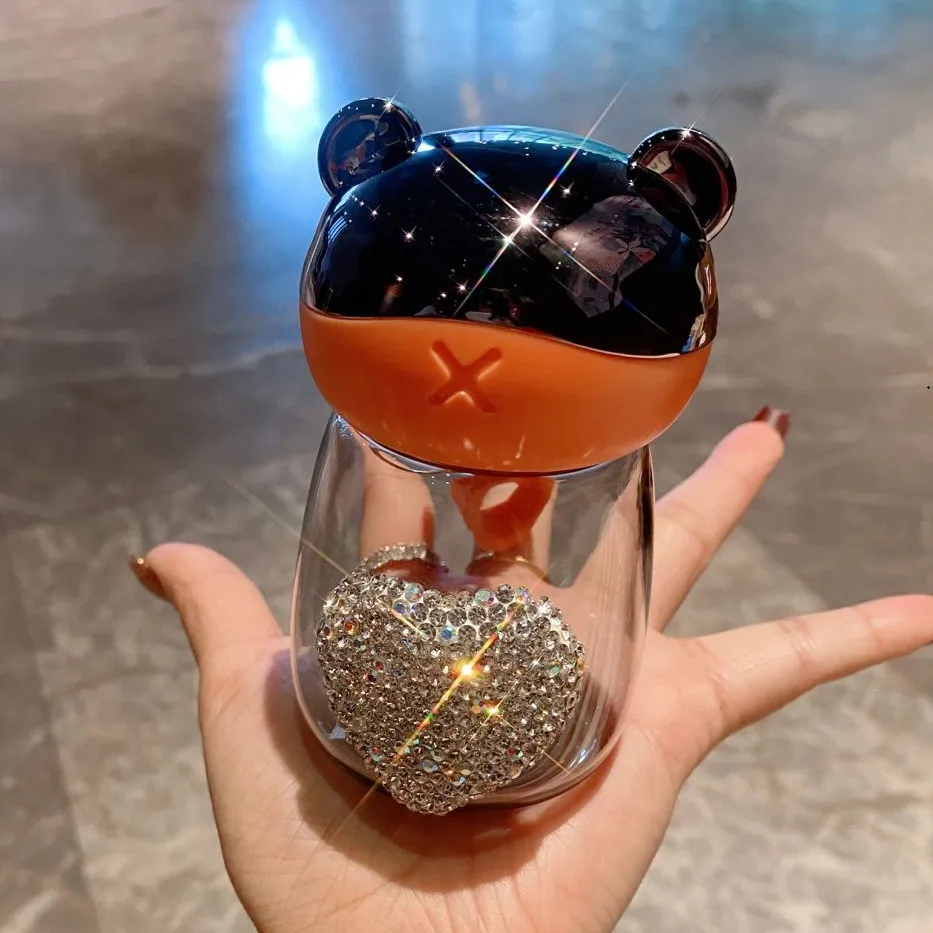 Mini Cute Glasses Cups with Love Heart Rhinestones for Women Student Transparent Home Office Teacup Coffee Water Mug 150ML