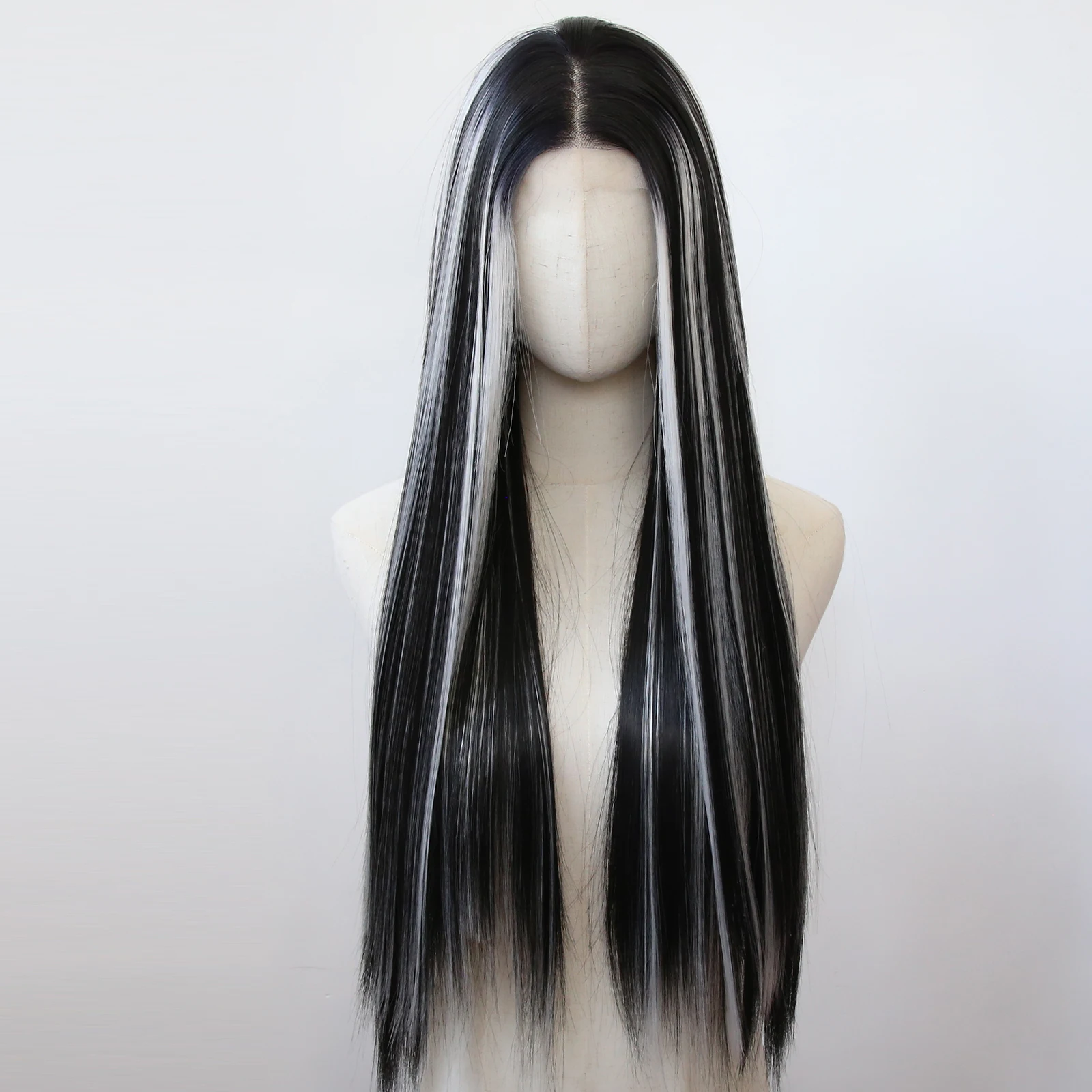 

White Highlight Black Synthetic Lace Front Wig Long Straight Lace Front Synthetic Wig Pre Plucked Natural Hairline