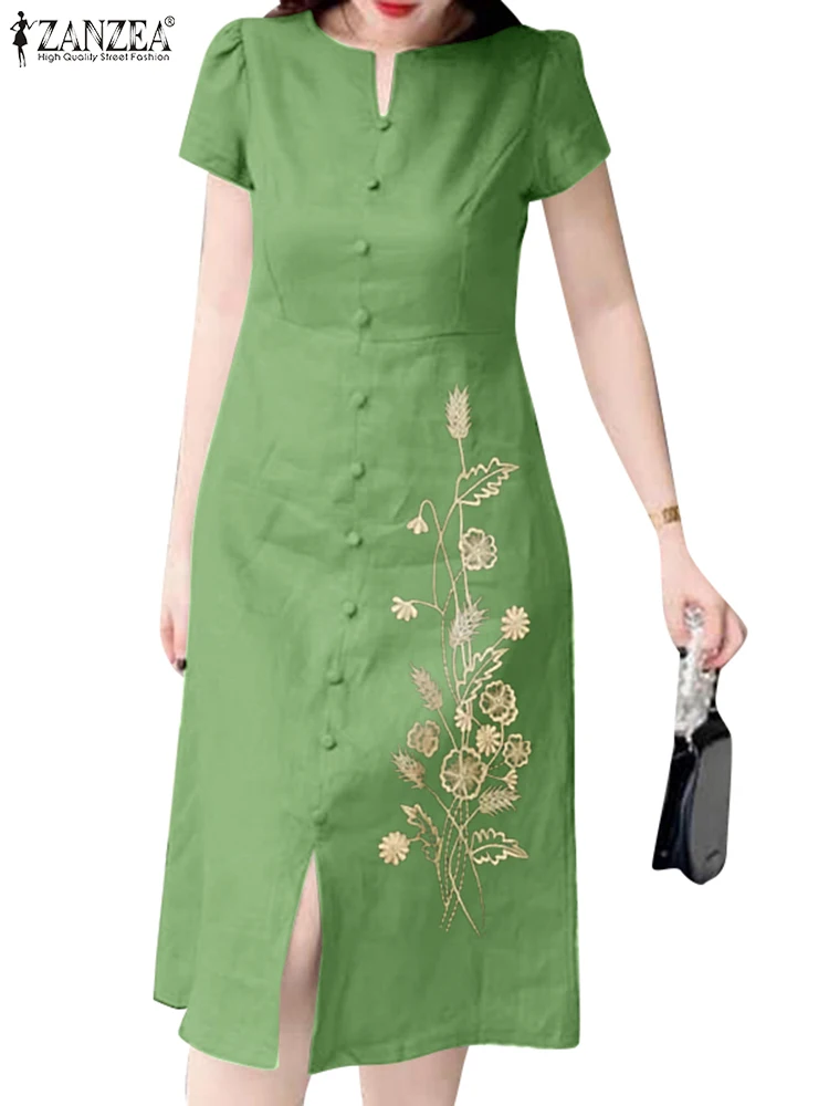 ZANZEA Women Embroidery Midi Dress Vintage Short Sleeve Vestidos 2024 Summer Buttons Slit Vestidos Holiday Casual Loose Dresses