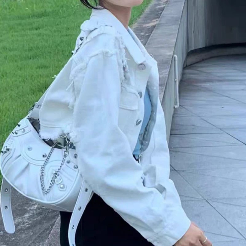 Denim Cropped Jackets Women Ripped Aesthetic Vintage Solid Streetwear Harajuku All-match Clothing Fashion Temper Ulzzang Lady