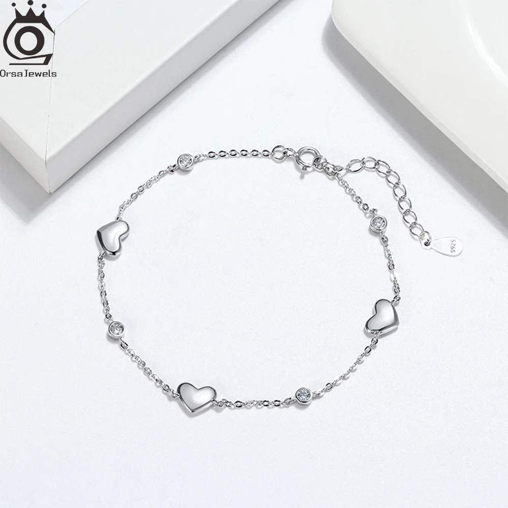 

ORSA JEWELS Vintage Zirconia Bracelet Genuine 925 Sterling Silver Heart Charm Bracelets for Women Jewelry Birthday Gift SB02