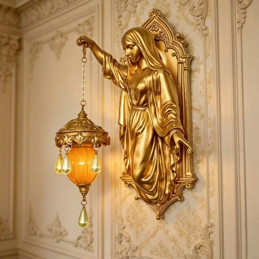 Vintage Religious Figure Led Wall Lamp Resin Crystal Pendant Christ Themed Lamp Fade Resistant Church Style
