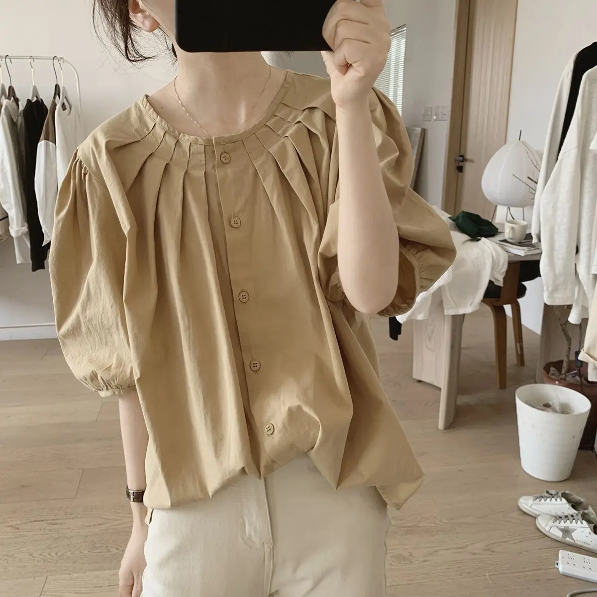 Casual Half Sleeve Bubble Sleeve Shirt for Women\'s Summer Loose Slimming Pleated Round Neck Niche Design Cotton Short Sleeve Top