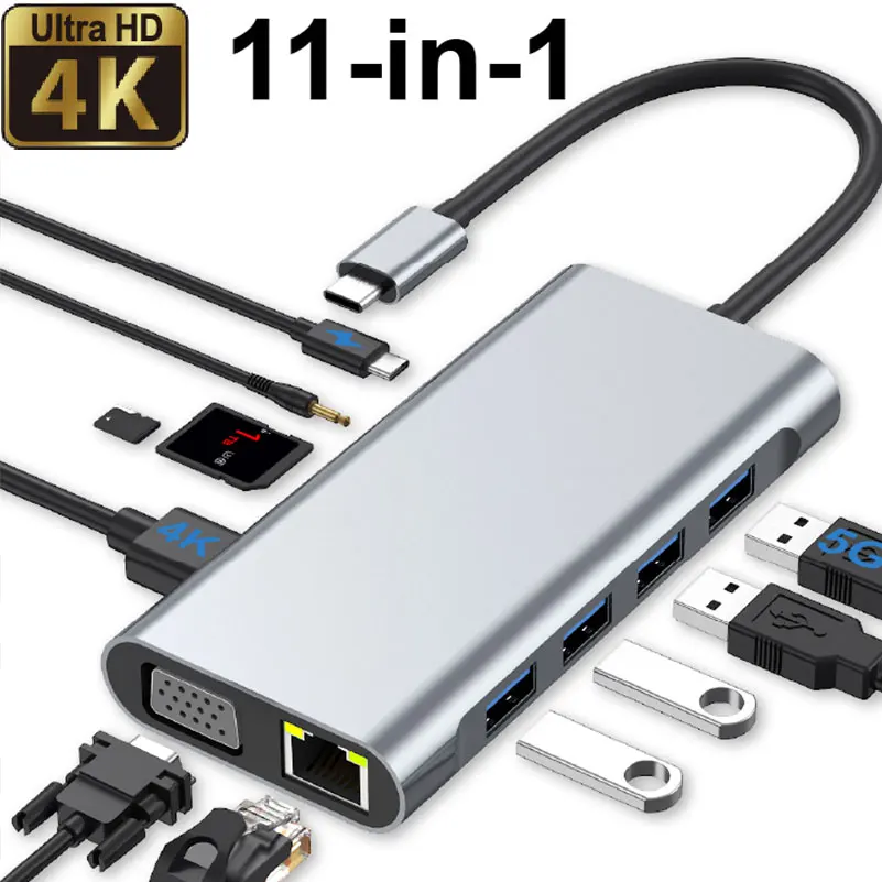 11-in-1 USB-C Hub, 4K HDTV, VGA, 100Mbps RJ45 Ethernet, PD 100W, USB 3.0, USB 2.0, SD TF, Audio Multiport Adapter