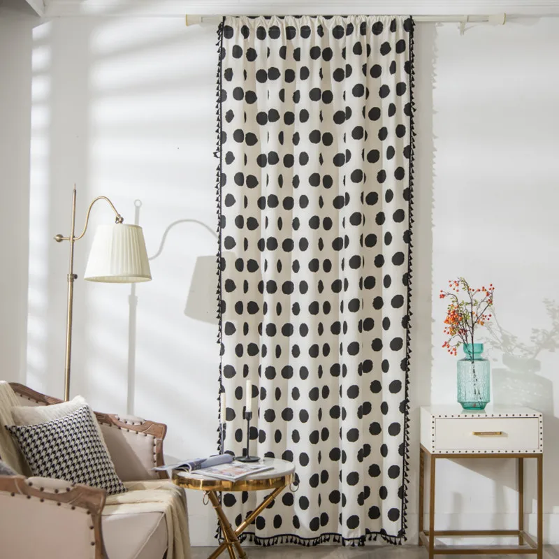 

Cotton Linen Black Dots Thick Window Curtain with Lace Blackout Valance for The Luxury Living Room Curtains for Study Bedroon