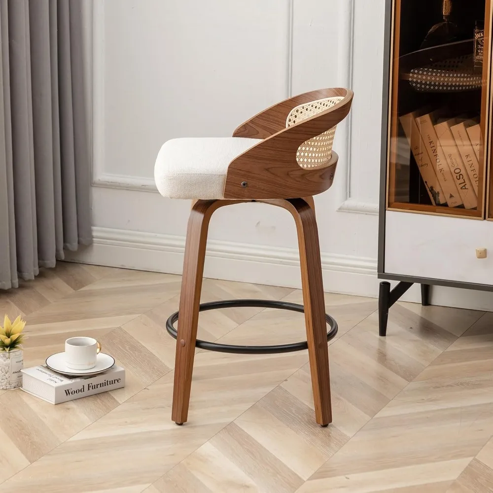 26 draaibare rotan barkrukken set van 2, midden van de eeuw moderne beige linnen stof gestoffeerde krukken op tegenhoogte, keukeneiland bars