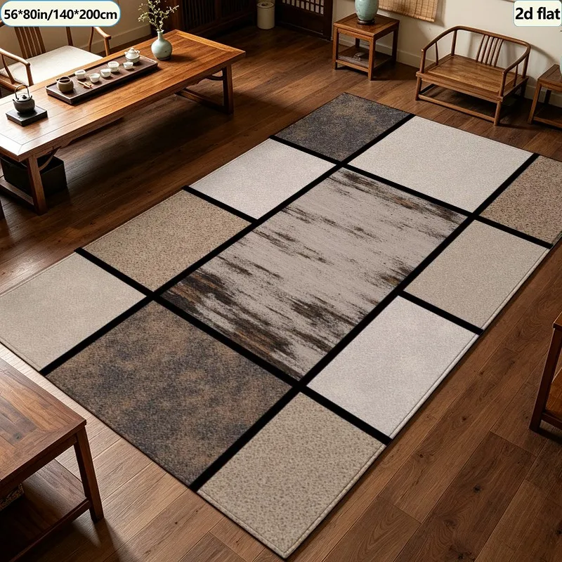 Rustic Stone Tile Patchwork Carpet Flooring, Beige Brown Vintage Texture Splicing Area Rug Anti‑Slip Floor Mat for Kitchen Hall Farmhouse Home Decoration