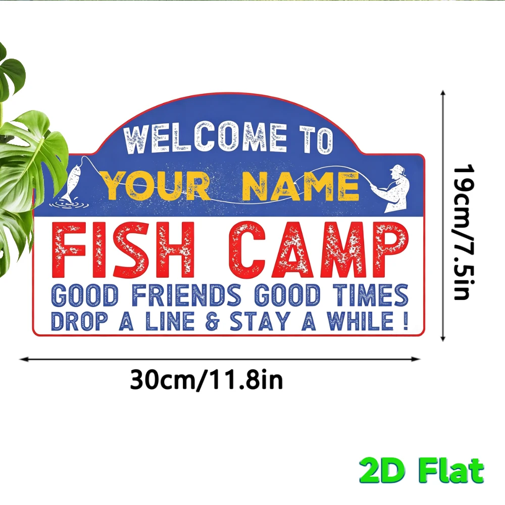 Custom Name Fish Camp Vintage Metal Sign, Arched Retro Wall Plaque, Personalized Wall Art Fishing Lodge Outdoor Wall Decor