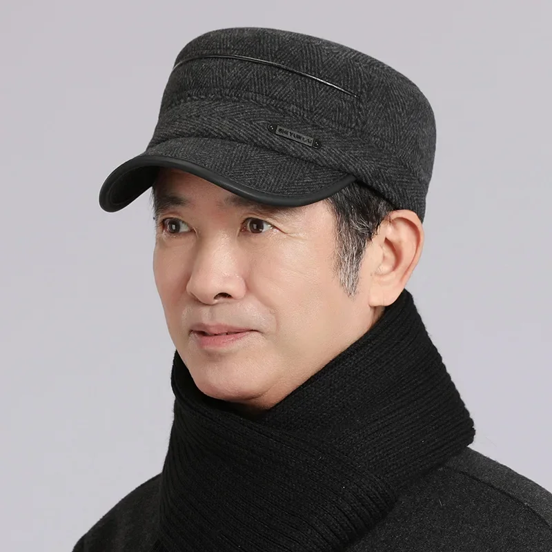 Middle-aged and Elderly Men's Winter Flat Cap with Thick Warm Velvet Grandpa Fur Cap Old Ear Protector Hat Casual Baseball Hat