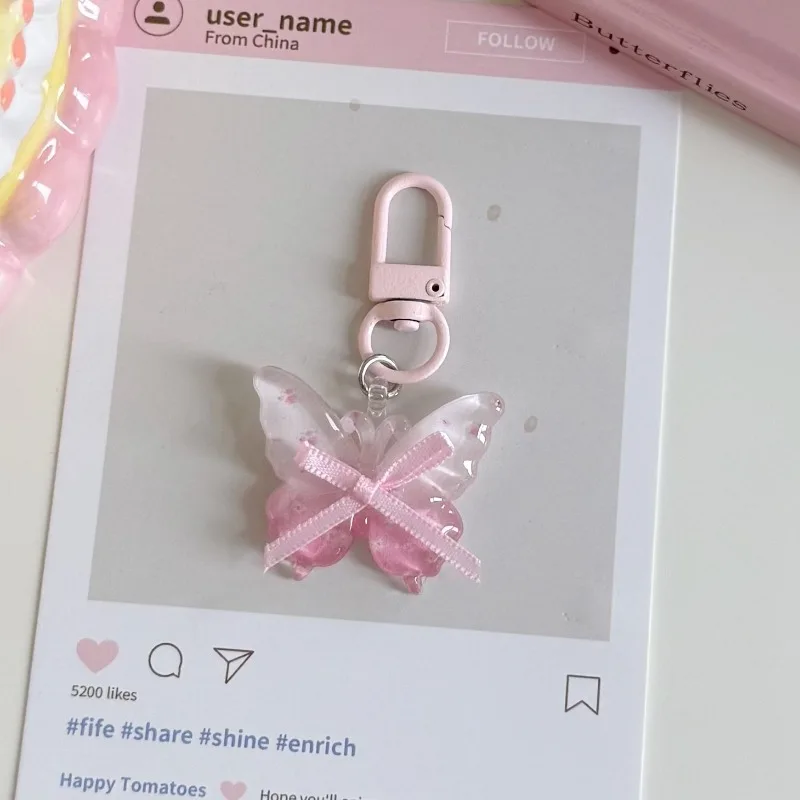 Mini Floral Butterfly Key Ring with Ribbon Bow, Delicate Transparent Key Chain, Lovely Accessory for Backpack Bags