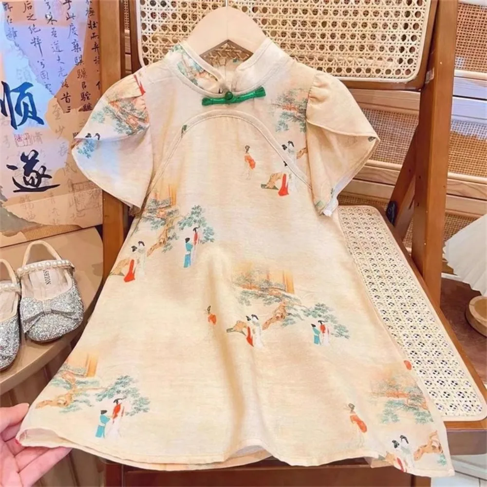 3-7 Years Old Summer Beige Printed Short Sleeved Girls Casual Dresses Chinese Style Retro Qipao Dress Sweet Children's Clothing