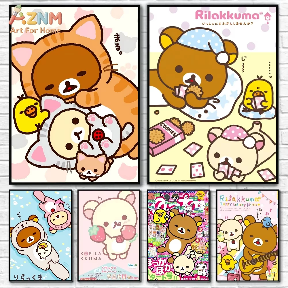 1 peça de Pôster Adesivo de Desenho Animado Rilakkuma Fofo, Arte em Papel Impermeável para Decoração de Parede de Cafeteria, Bar ou Quarto