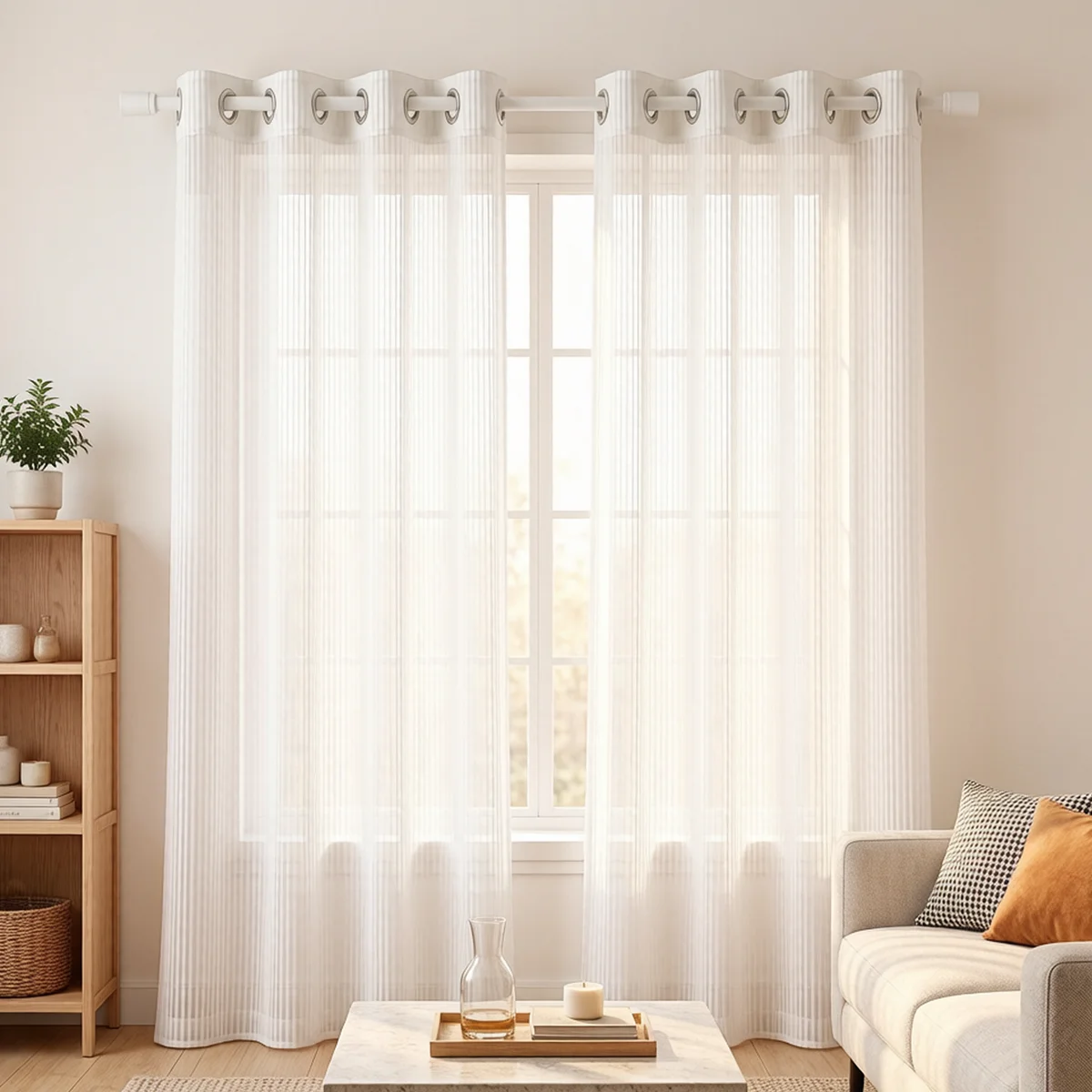 2Pcs Vertical Texture Grommet Sheer Curtains, Nordic Cream Minimalist Style, Light Filtering Window Drapes for Living Room Bedro