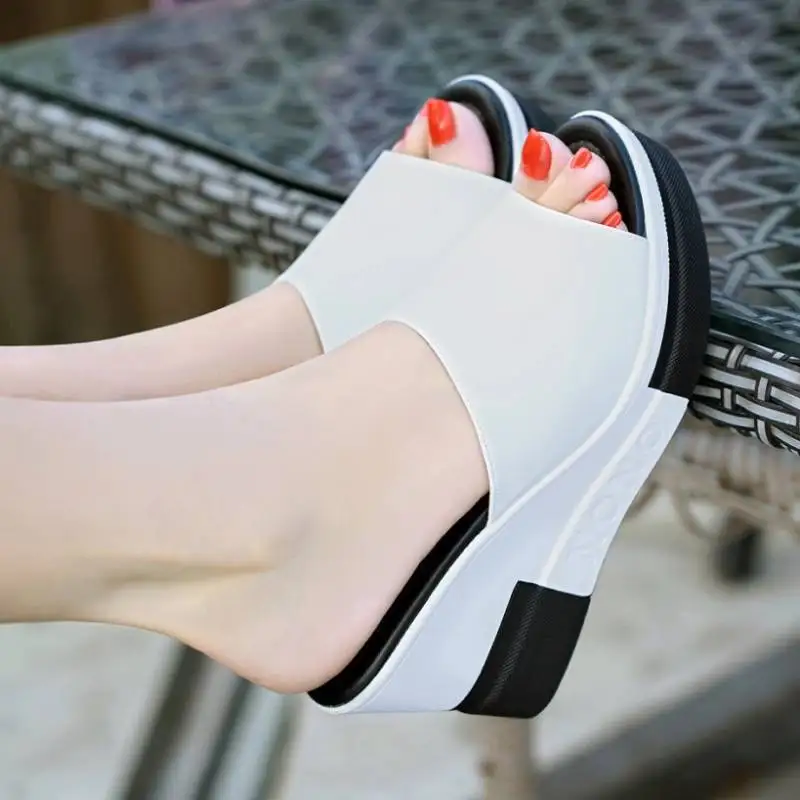 Women Wedges Slippers Summer High Heel Shoes Thick Sole Plus Size 42 Slip-on Style Female Street Fashion Sandals Outdoor Slides