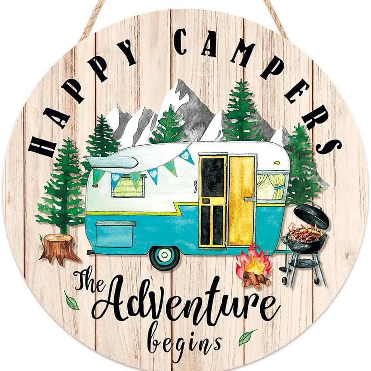 Happy Campers Wood Hanging Sign Plaque | Summer Outdoor Adventure Quote, Round Tent Camping Wall Art