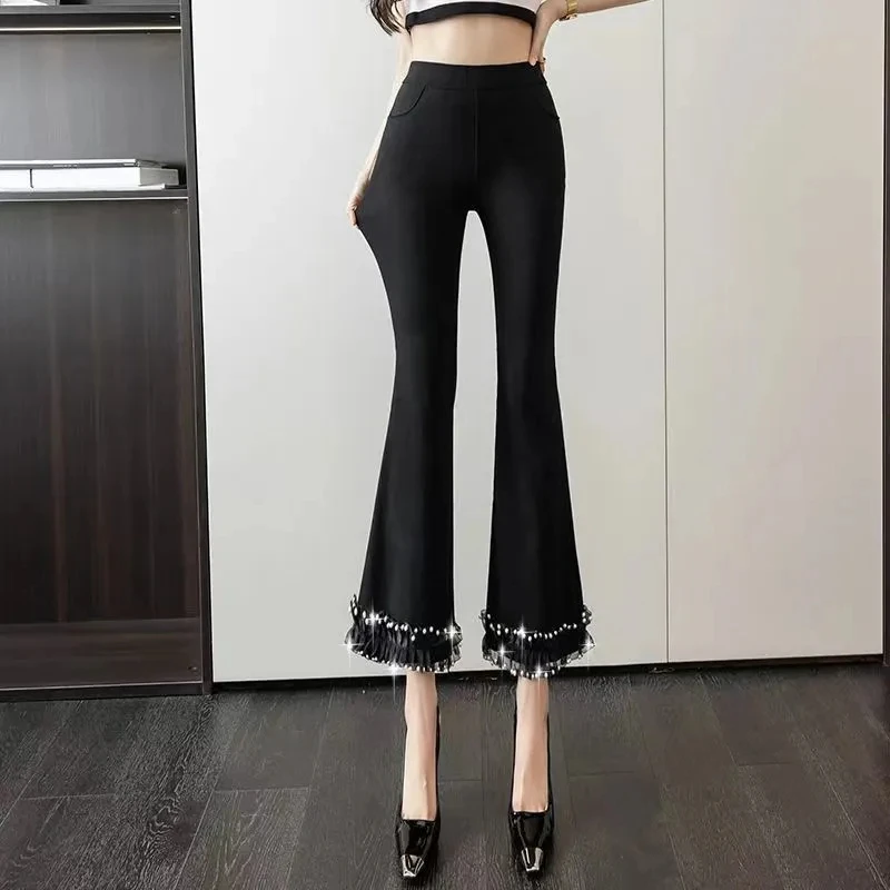 

Fashion Korean New Micro Bell-Bottom Trousers High Waist Temperament Black Slim Casual Elastic Nine-Point Women's Pants 2023