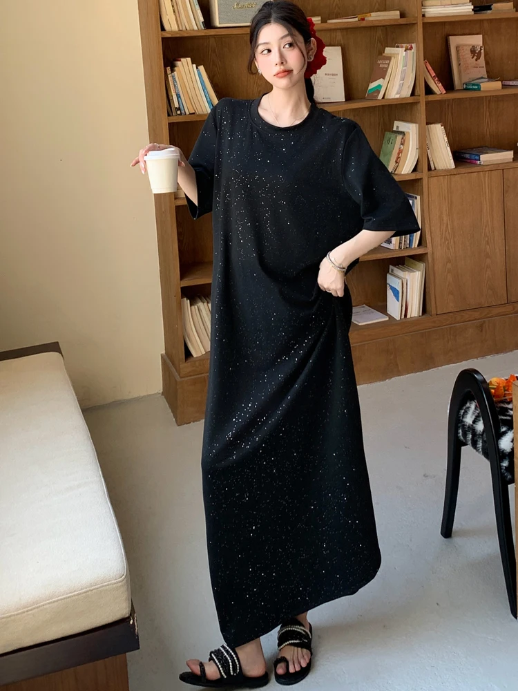 NYFS 2025 فستان صيفي نسائي على الطراز الكوري فضفاض مقاس كبير بأكمام قصيرة فستان طويل رداء Elbise