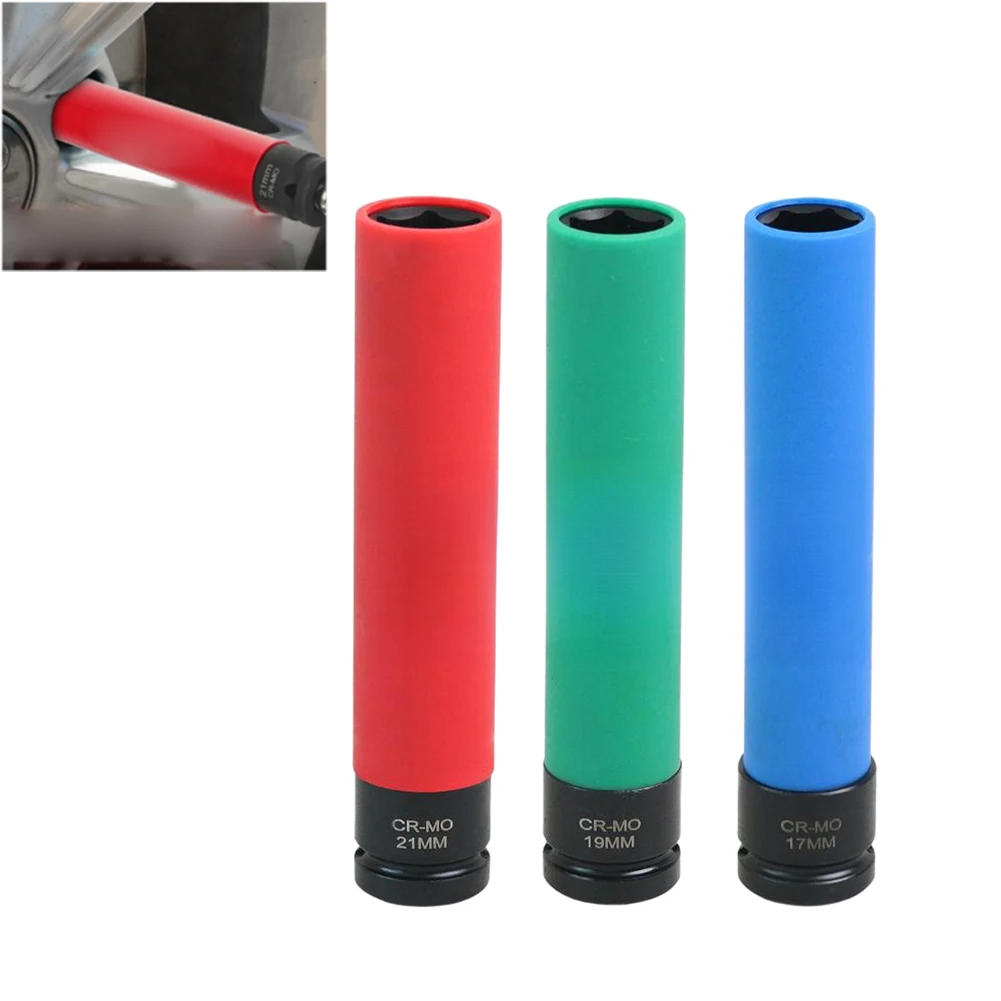 3PCS Extra Long 150mm Deep Lug Nut Socket Set 17 19 21mm For Impact Wrench Tire Removal Tool Chrome Steel 1/2 Inch Dr