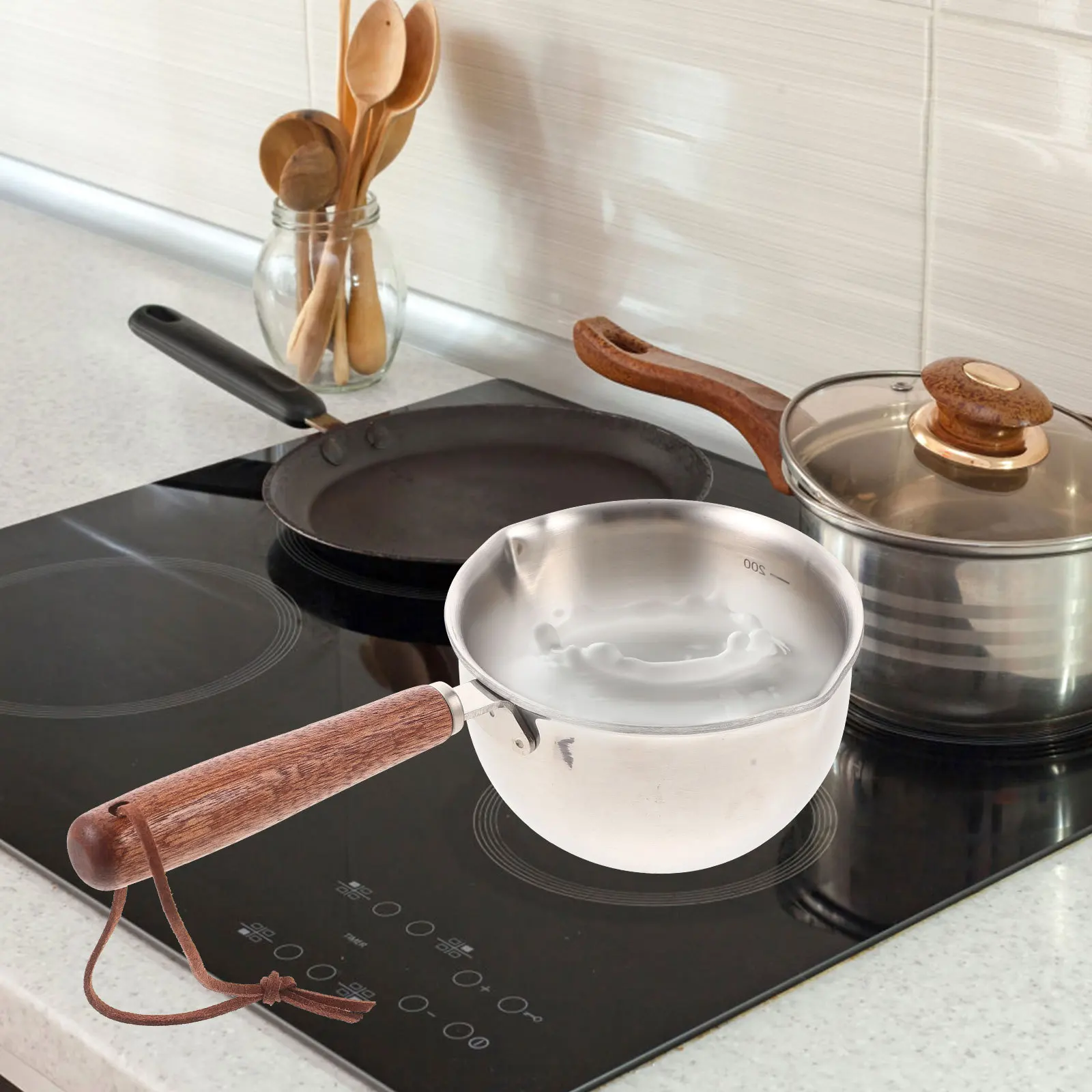

Small Stainless Steel Saucepan With Wood Handle 2 Pouring Lips For Milk Water Oil Heating Multi-Use Induction Gas Stove