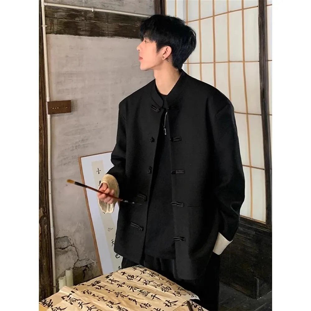 

Bla Casual Jaet Chinese Sle Men's Retro Design Collar Button up Coat Youth Trend Autumn Wear Long Sve Side ket