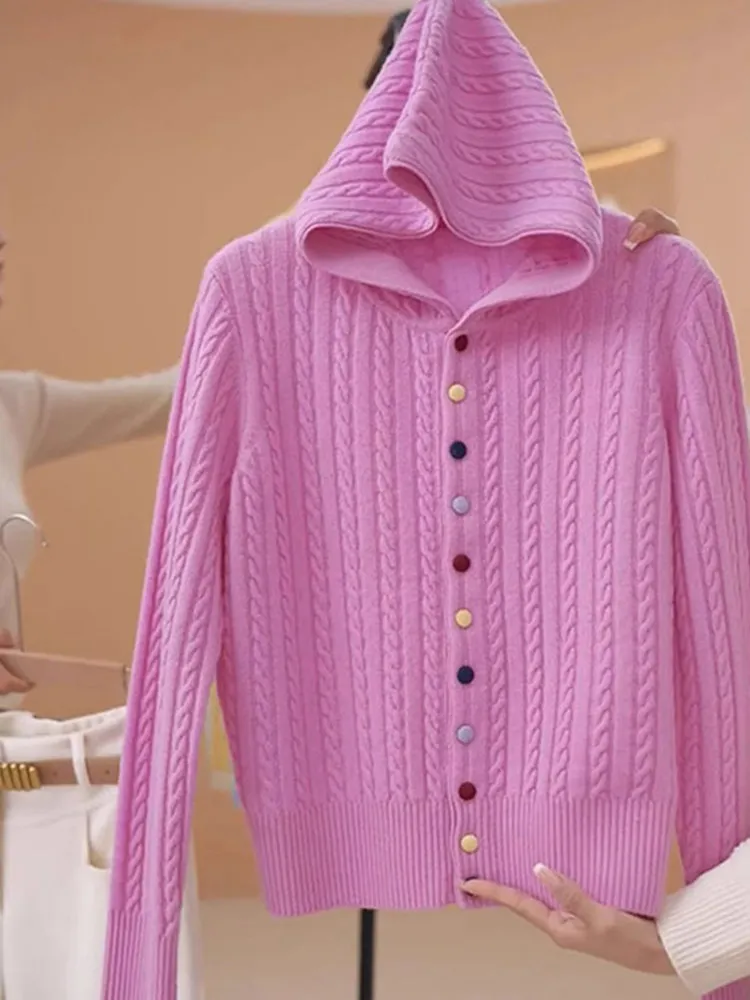 Ele Long Sve سترة مشغولة من الصوف مقنعين عادية Faion الشتاء سترة عادية تويست لون نقي تخفيف Sle منتظم صالح