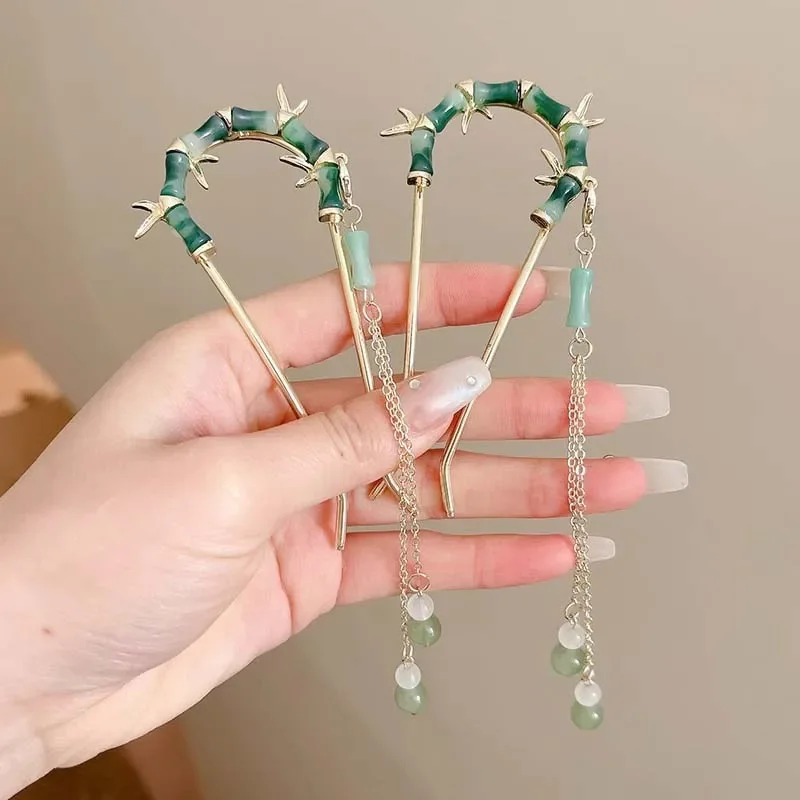 New Chinese Style Green Bamboo Tassel Hair Sticks For Women Vintage Metal U-shaped Hairpin Chopstick Headdress Hair Accessories