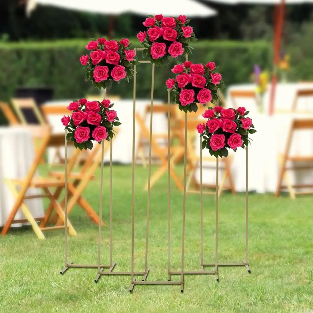 

Gold Outdoor Wedding Arch with Metal Stands and Vase for Garden or Patio Ceremony Decorations