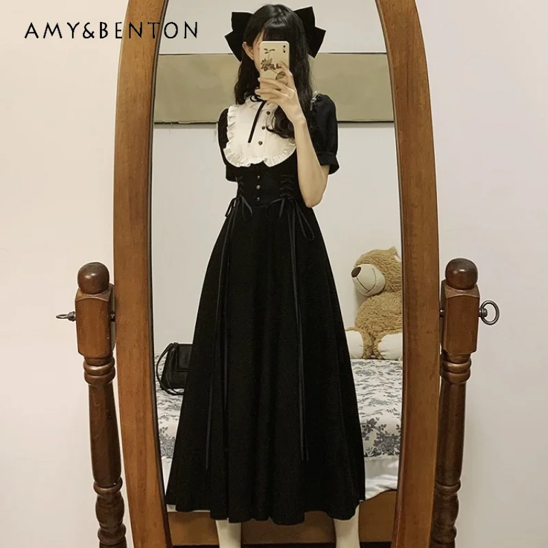 

British Style Summer Black and White Color Matching Retro Elegant Short-Sleeved Top With Waist And Thin Long Dress Suit Girls