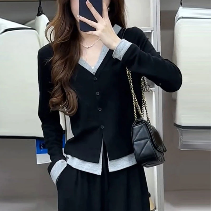 Women Fake Two Piece Long Sleeve T-Shirts Fashion Single-Breasted Slim Crop Cardigan Korean All-Match Black V-Neck Bottom Shirts