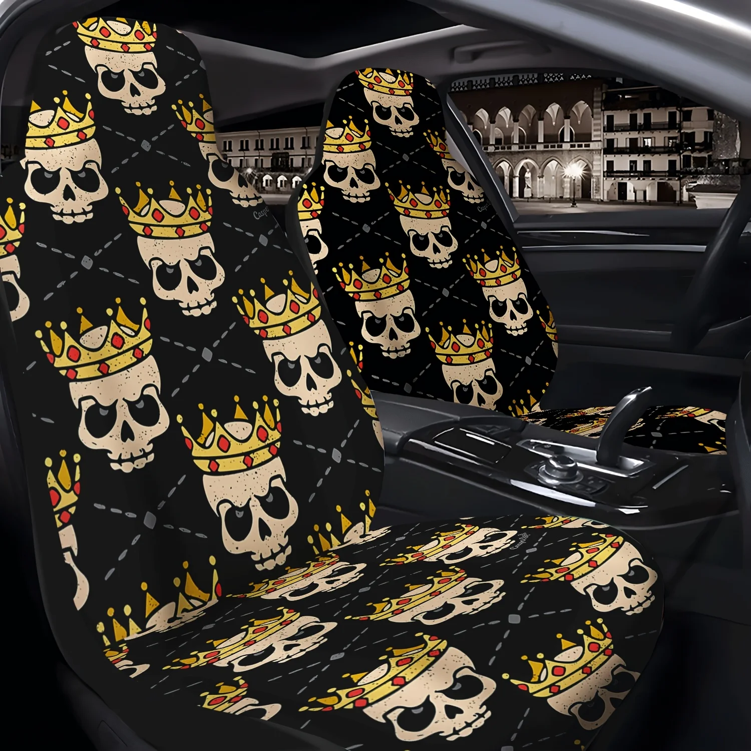 2pcs Crown Skull Pattern Car Seat Covers, Cute Car Interior Seat Accessories Front Seat Protectors For Cars, Trucks, Vans, SUVs,