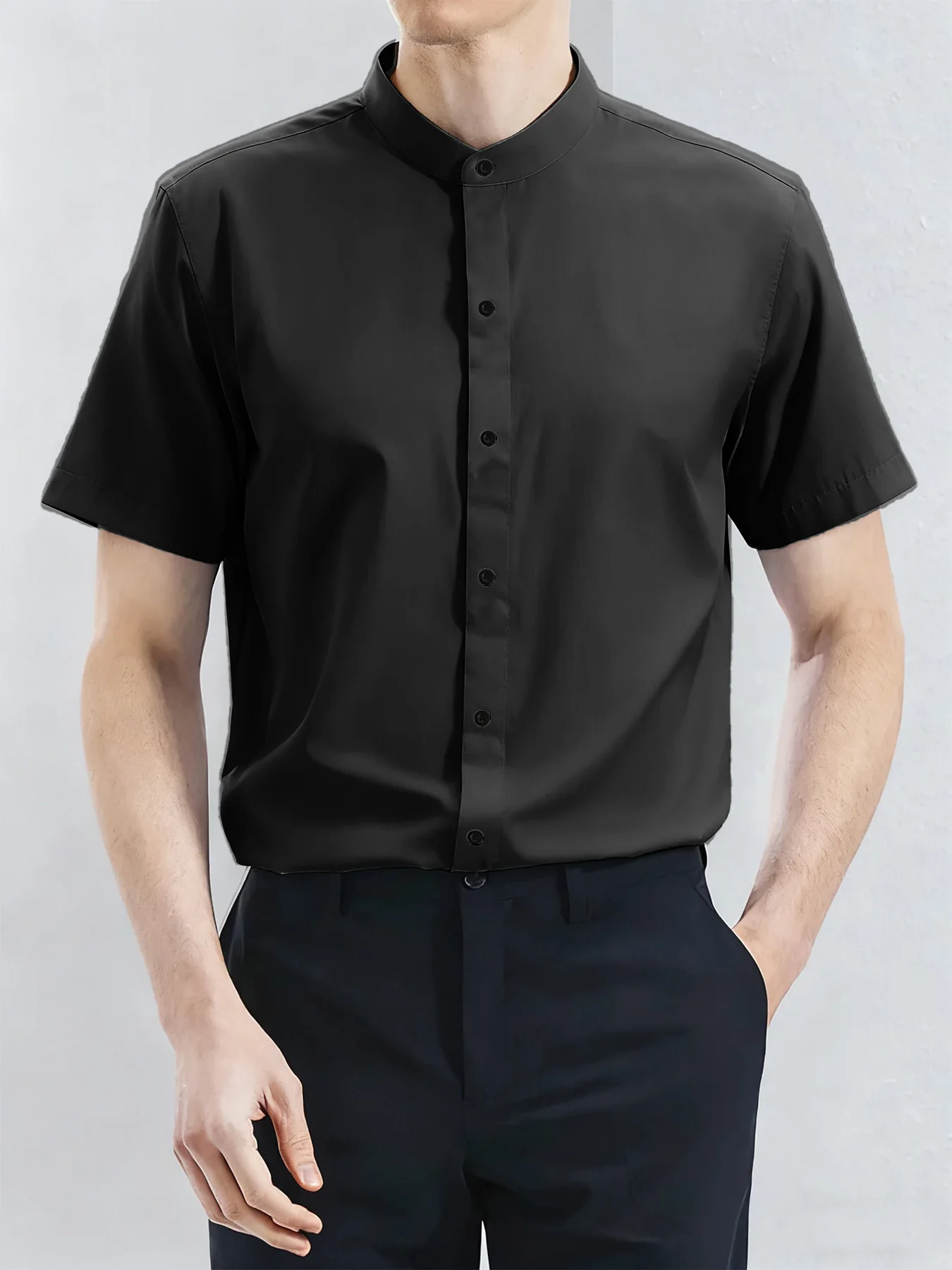 

Мужская летняя однотонная рубашка с воротником-стойкой и коротким рукавом, новая модная универсальная модная простая рубашка с коротким рукавом