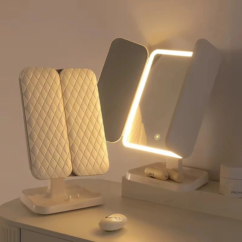 

3-Color Lamp Stepless Dimming Touch Control Trifold Mirror USB Charging Angle Adjustable Makeup Mirror with Light Emitting Diode
