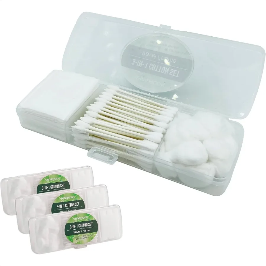 Travel Portable Cotton Swabs Set:100 Cotton Swabs 10 Cotton Pads 10 Cotton Balls in Reusable Storage Box for Ear Cosmetics Make