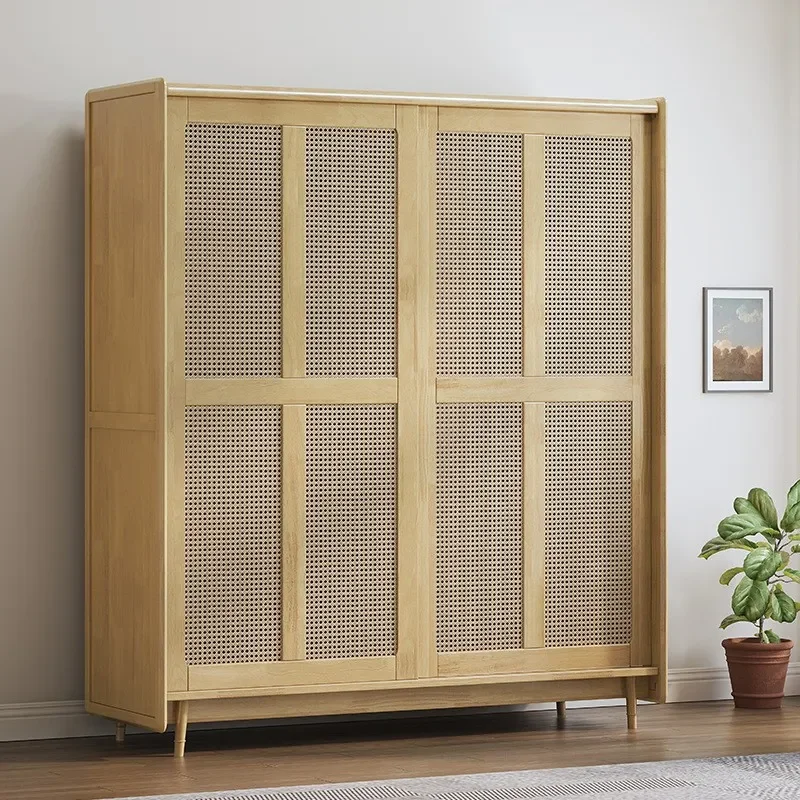 for Nordic Retro Solid Wood Japanese Style Modern Simple Rattan Push Pull Wardrobe Household Furniture