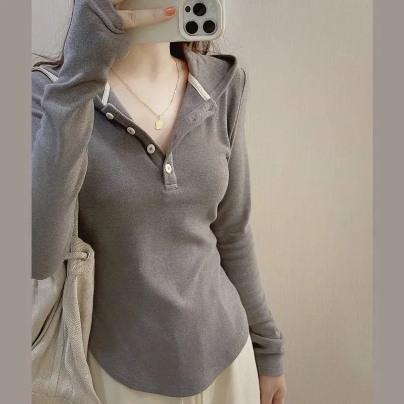 Women Cropped Hoodie Spring Slim Fit Double Fleece Hooded Sweatshirt Long Sleeve Y2k Streetwear Base Layer Top