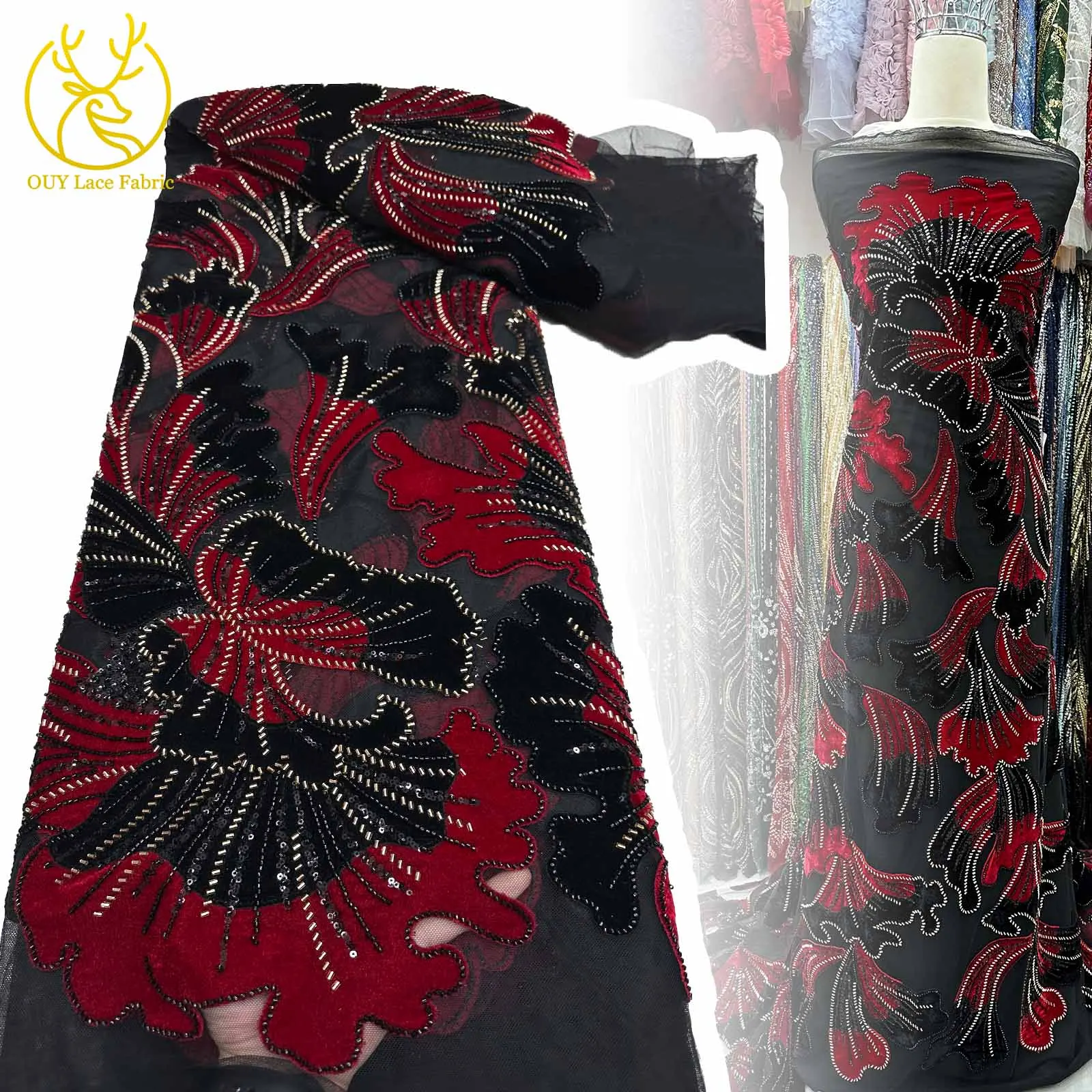 

Latest Design African French Velvet Beaded Lace Fabric Nigerian Sequins Embroidery Mesh Lace Fabric Ladies Wedding Dress Sewing
