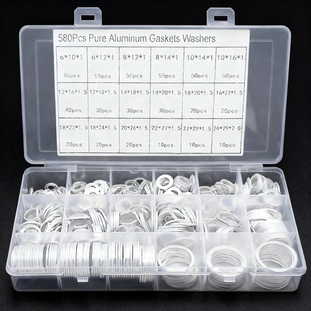 

580 шт., прокладка сливной пробки масла, шайба из алюминиевого сплава, дробильные шайбы, уплотнительные кольца, ассортиментный комплект M6 M8 M10 M12 M14 M16 M18M20M22M24