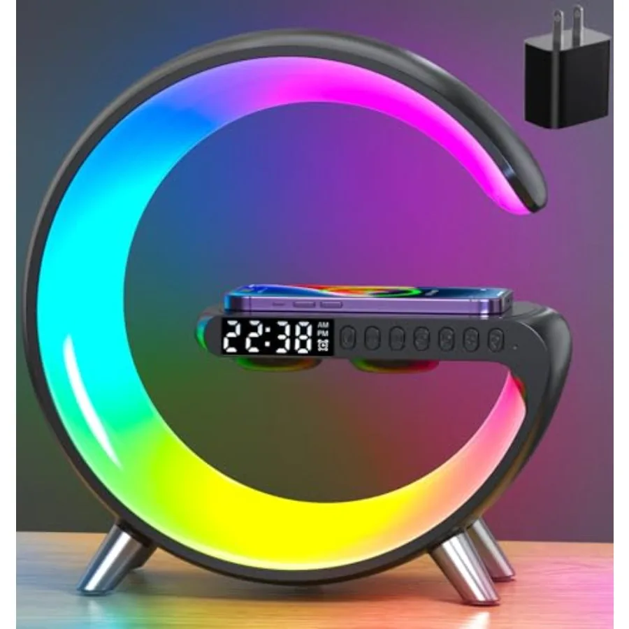 Smart Table Lamp, 15W Wireless Charger Station with LED Atmosphere Lamp, Bedside Night Light, Alarm Clock, Bluetooth Speaker wi